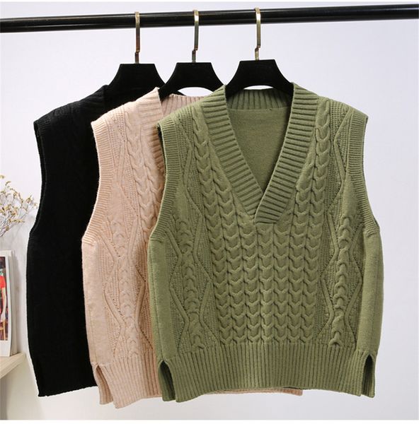 

autumn winter vest women v-neck sleeveless sweater vest knitted twist waistcoat female outwear veste femme dropshipping, Black;white