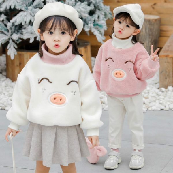 

hkxn 2019 new cartoon kids shirt winter infant clothes children cute plush sweater for girl baby thickening plus velvet, Blue