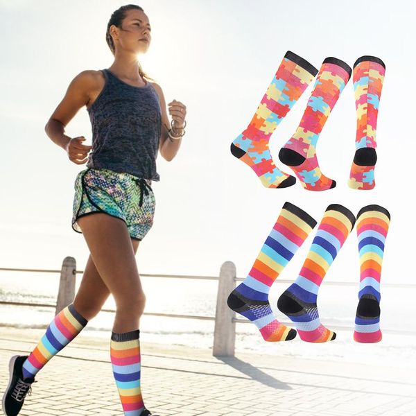 

men women outdoor sports running socks long leggings compression socks rainbow stockings for running hiking camping gym training, Black