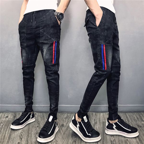 

2019 spring new men's elastic waist jeans, men's trend striped slim jeans, black fashion casual pants pants 28-36, Blue