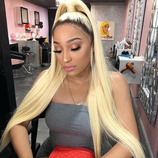 

glueless silk straight ombre 1b/blonde 13x6 lace front human hair wig with baby hair brazilian for black women natural hairline, Black;brown