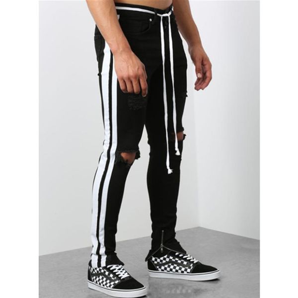 

mens designer pants knee hole zipper belt jeans men, Blue