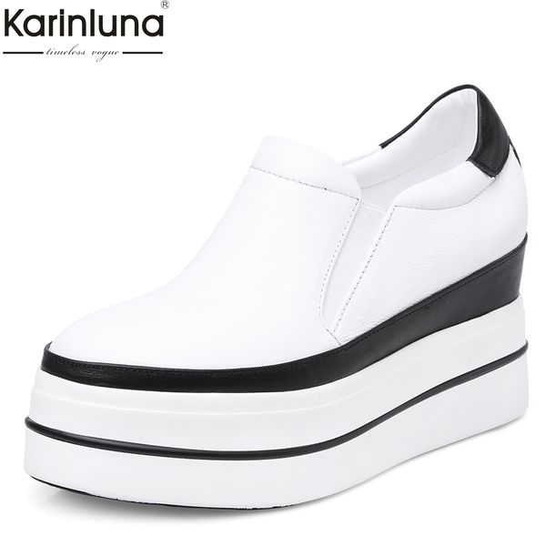 

2019 fashion slip on platform shoes genuine leather shoes woman spring woman casual wedges women loafers, Black