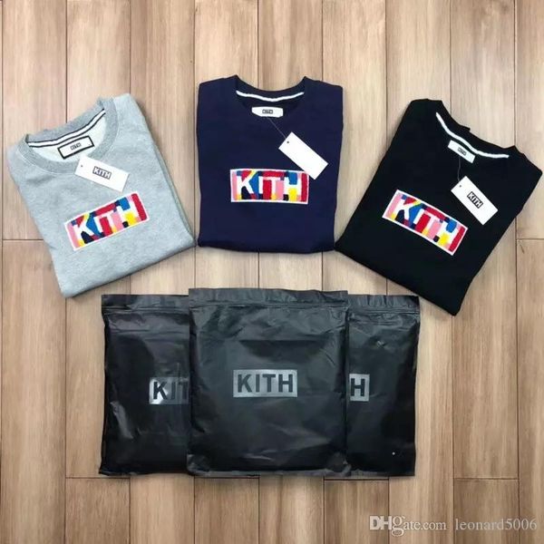 

18fw kith classic solid color crewneck box logo sweatshirt casual street couple cotton pullover sweater autumn winter hoodies jacket, White;black