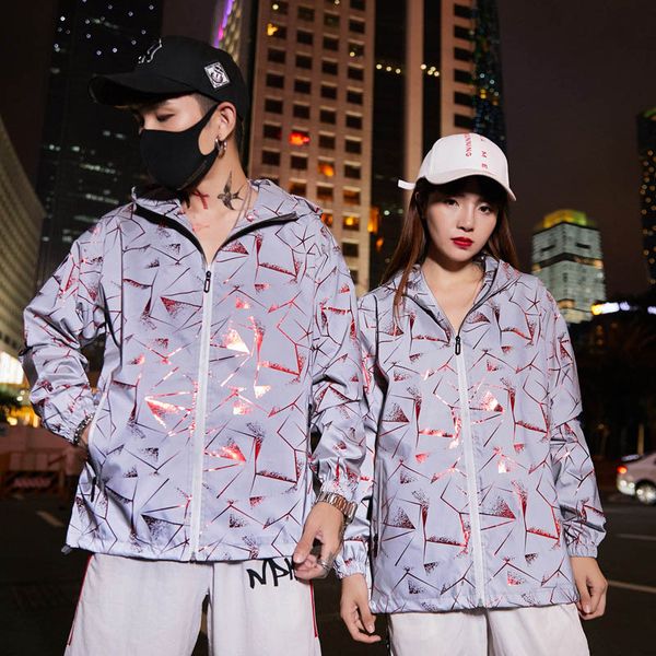 

men's reflective jackets fashion women's noctilucent active jacket loose hooded hip hop couple clothing 3 styles s-3xl wholesale, Black;brown
