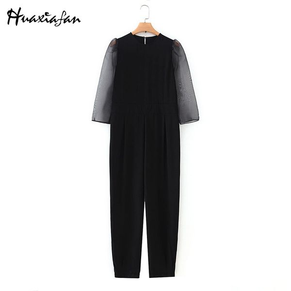 

huaxiafan women jumpsuits black mesh sleeves solid elegant o neck hollow out back zipper female jumpsuit streetwearing, Black;white
