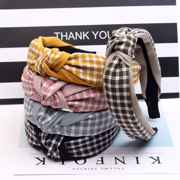 

double color stitching hair hoop knot new han edition hair fashion grid cloth art wide head hoop boutique tire c65, Slivery;white