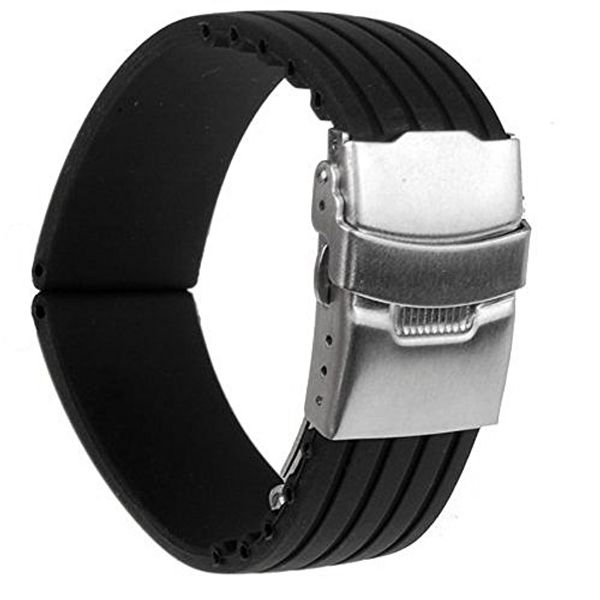 

22mm waterproof watch band strap with stainless steel deployment clasp buckle black, Black;brown