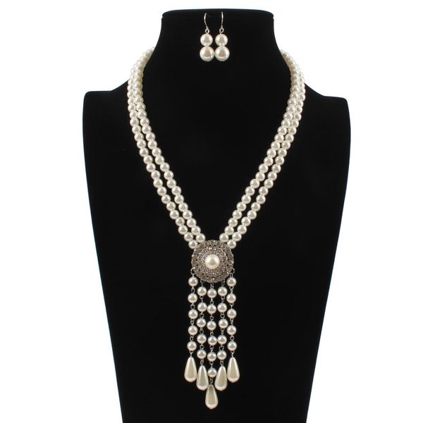 

pearl pendant necklace earrings two-tier necklaces jewelry wholesale, Silver