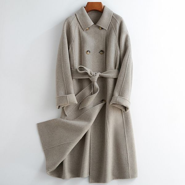 

2020 long wool coat women double breasted korean jacket spring fall woolen coat overcoat abrigos mujer elegante b19y01668 kj4157, Black