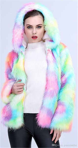 

women fashion desigenr faux fur coat short hooded outerwear colorful thickened warm outwear casual long sleeve ladies clothing, Black