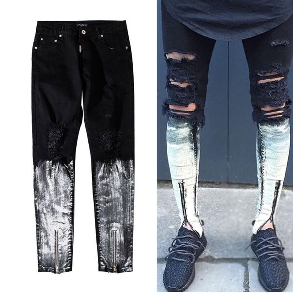 

2019 new fashion painter splatter block color men jeans rigged, Blue