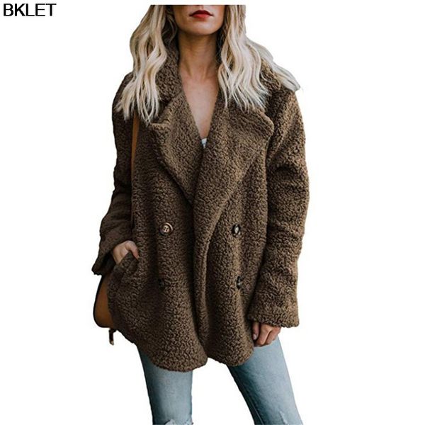 

2019 new women style spring overcoat plush button lapels pocket coat women cotton overcoat wear winter coat 7 color, Black