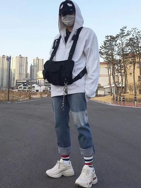 

multi function 3 pockets vest men women 2019 new fashion match hip hop men's vest streetwear black, Black;white