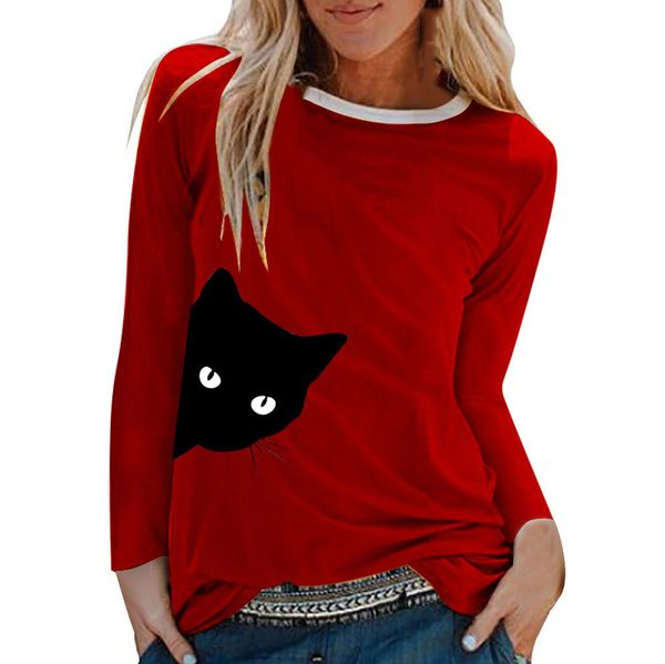 

женская повседневная блузка кошка печати рубашки о-образным вырезом с длинным рукавом свободные рубашки блузка, White