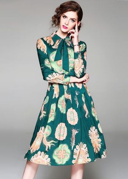 

women's chic printed bow shirt collar a line dress new fashion skirt, Black;gray