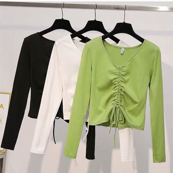 

avocado green t-shirt women's long sleeve 2019 autumn slim v-neck high waist drawstring t-shirt short waist fashion, White
