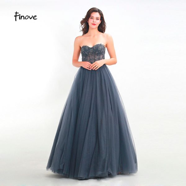 

finove new evening dress 2019 strapless illusion with beaded embroidery lace up back a line party dress for girls plus siz14361, Black;red
