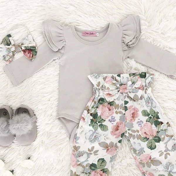 

canis newborn baby girls 2019 autumn winter floral clothes solid color jumpsuit bodysuit leggings headband outfits sets, White