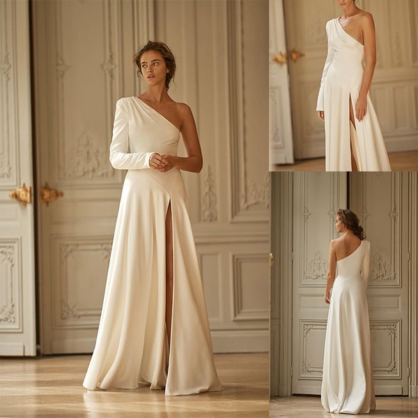 

bohemian lia martinez a line wedding dresses one shoulder satin split wedding gowns floor length robe de mariÃ©e, White