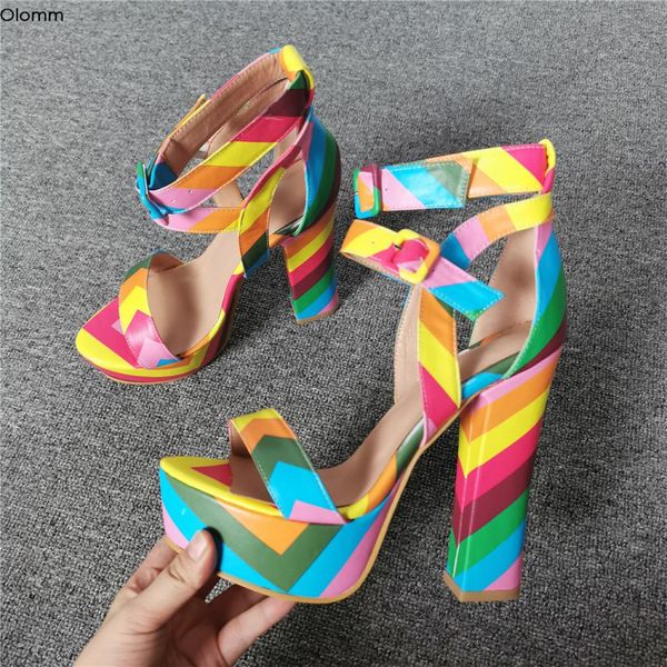 

olomm women gladiator platform sandals square high heel sandals open toe multi color party shoes women us plus size 5-15, Black