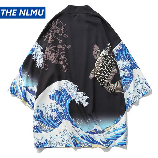 

fish printed kimono cardigan shirts mens japan style hip hop japanese clothes casual streetwear shirts 2019 fashion outwear ha64, White;black