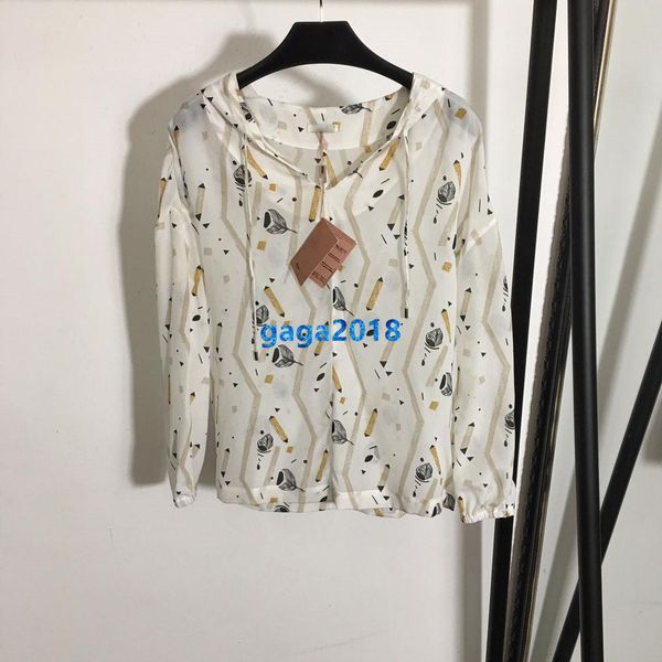 

high end женщины девушки с капюшоном шелковая рубашка all-over карандаш цветочный принт с длинным рукавом блузка винтаж футболка толстовка м, White