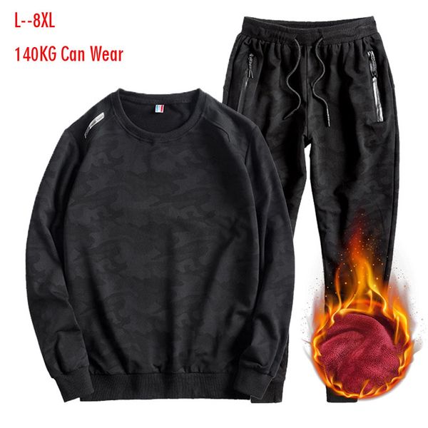 

men's camouflage 100% cotton thickened sports suit -8xl size 140kg can wear running sports suit large size jogging, Black;blue