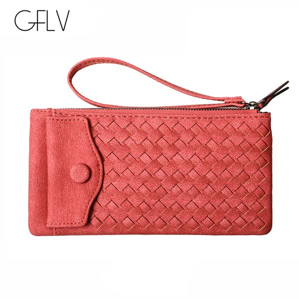 

gflv brand fashion long wallet women knitting money vintage scrub leather purse zipper wristlet clutch phone wallet, Red;black