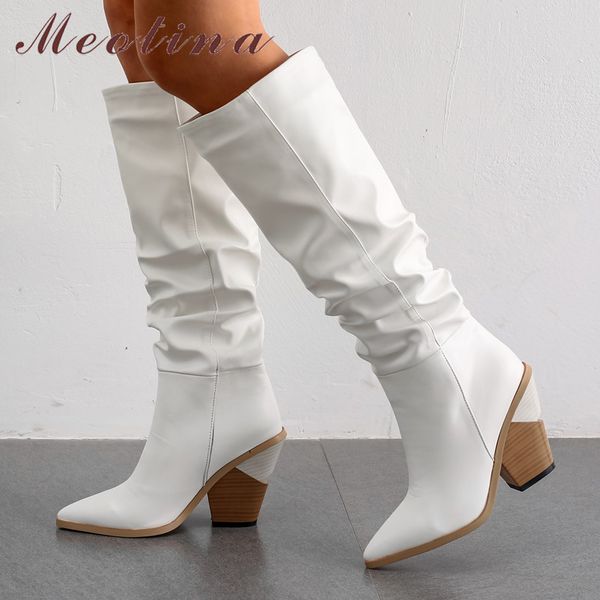 

meotina winter knee high boots women pleated strange style high heel long boots fashion pointed toe shoes lady autumn size 34-43, Black