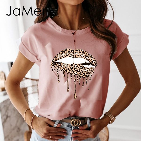 

jamerry round neck red lip personalized print women's short sleeve nightclub party club style short sleeve spring and summer2020, White