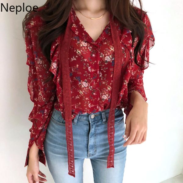 

neploe floral chiffon women blouse single breasted v neck ribbon shirts 2020 spring summer long sleeve blusas femme 4a790, White