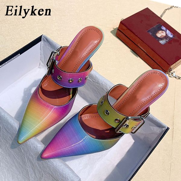 

eilyken female shoes fashion party wedding pointed toe buckle strap strange heels pumps womens slides mules soft slippers, Black