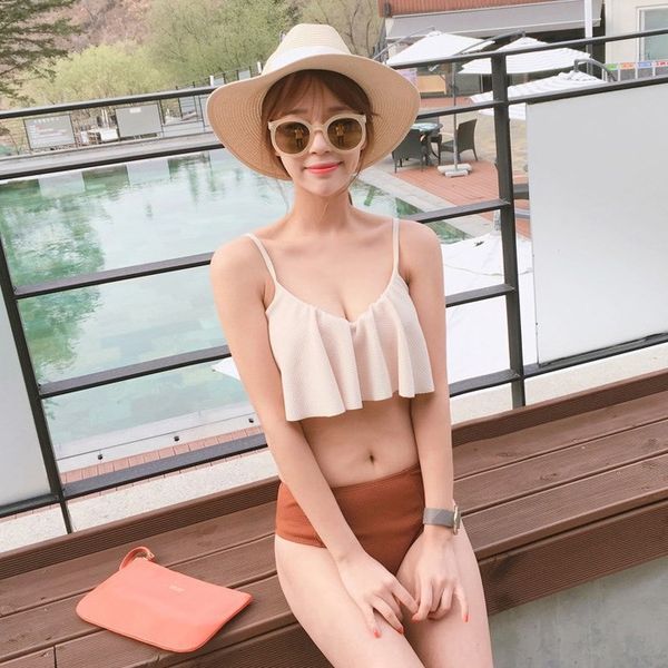 

20 women's split solid color flounced high waist bikini swimsuit bikini small breast steel brace gathered swimsuit women, White;black