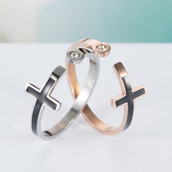 

korean elegant female titanium steel cross enamel ring rose gold color simple zircon opening ring gifts for women us size 5-9, Silver