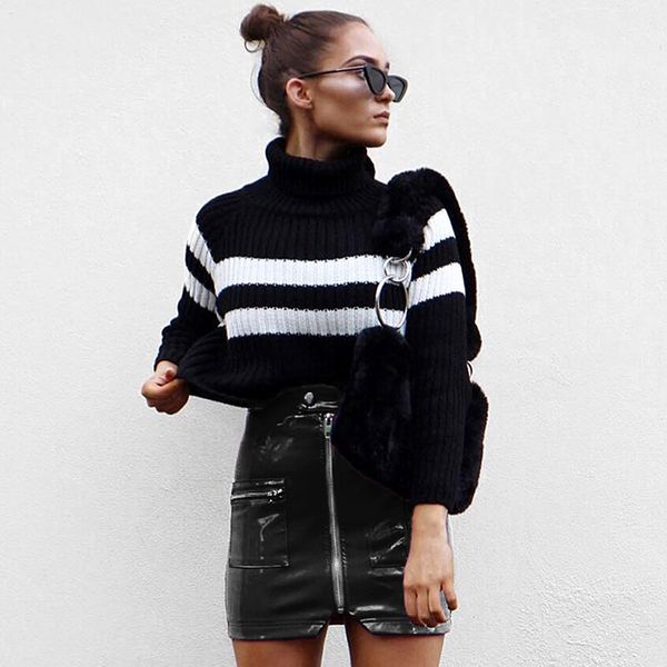 

women fashion high waist skirts above knee mini women's double pocket elastic waist pu faux leather skirt, Black