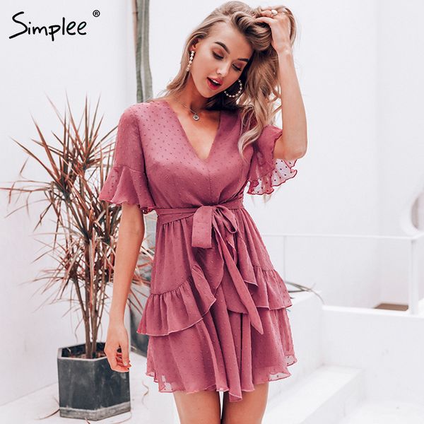 

simplee v-neck polka dot women dress summer style layer ruffle chiffon short sundress elegant zipper holiday vestidos 2019, Black;gray