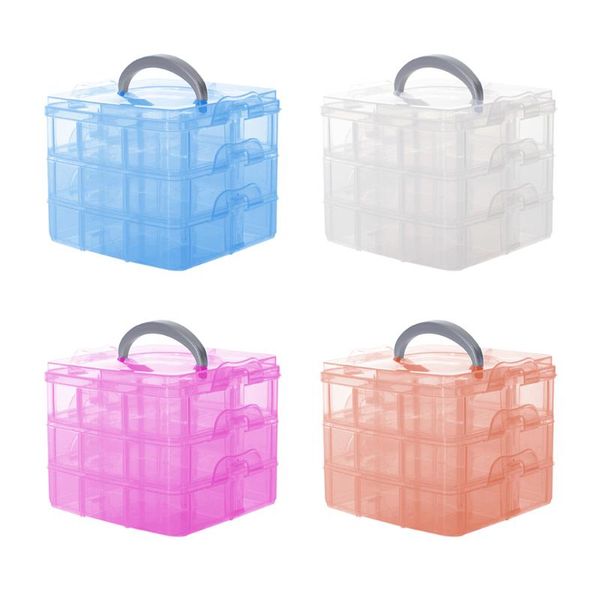 

3 layers transparent storage box container jewelry bead organizer case home storage & organization detachable, Pink;blue