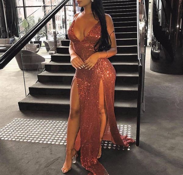 2019 Ucuz Spagetti Sapanlar Akşam Elbise Seksi Dubai Derin V Boyun Sequins Tatil Kadınlar Örgün Parti Balo Elbisesi Custom Made Artı Boyutu Giymek