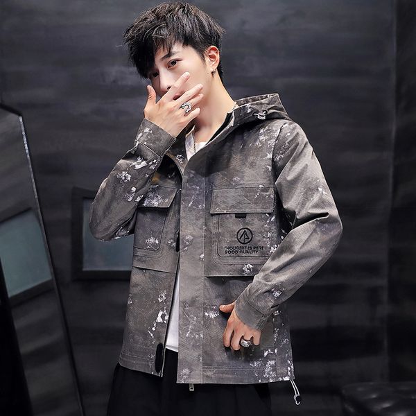 

cargo foot 2019 spring and autumn new style jacket men's thin trend hooded windcheater casual workwear coat men's, Black;brown