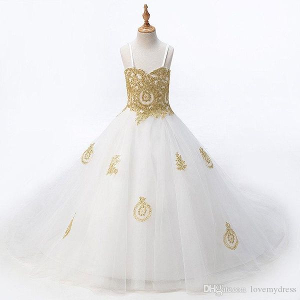 

fashion white with gold lace flower girls dresses princess designer for wedding kids girls tulle ruched with spaghetti straps 6978, White;blue