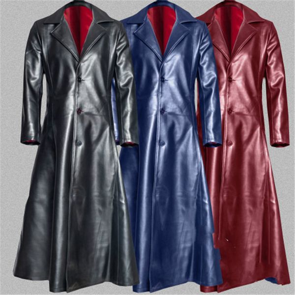 

men's fur & faux solid color lapel tight button long pu leather jacket, Black