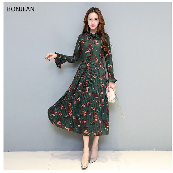

vadim vestido longo sale shipping spring new dress 2019 women korea slim was thin temperament long-sleeved printing long para, Black;pink