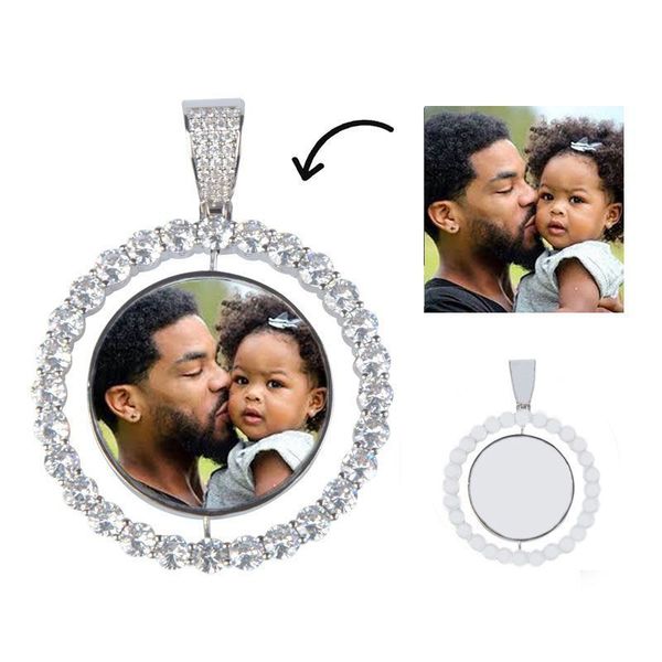 

new custom made p rotating double-sided medallions pendant necklace with 4mm tennis chain zircon men's hip hop jewelry gift, Silver