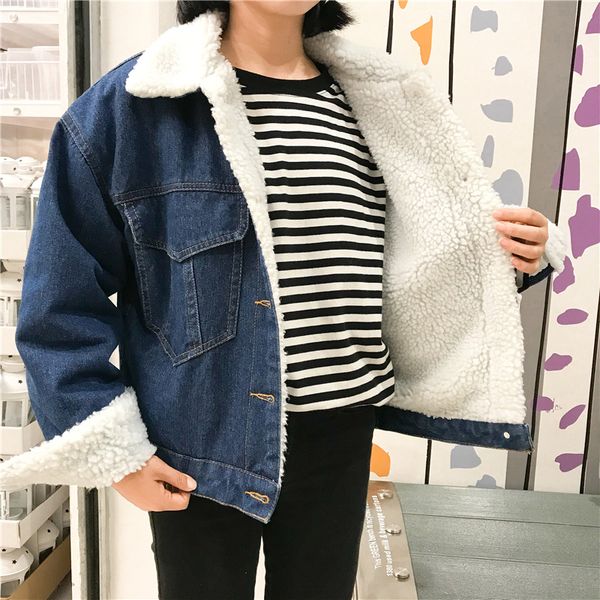 

p shoot 6602 # autumn and winter lambs wool jeans coat women's autumn 2019 new style winter loose-fit brushed and thick cott, Blue;black