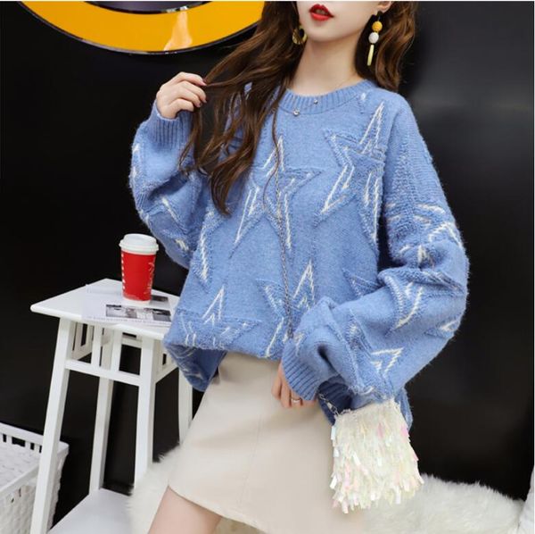 

2019 winter new women pullover and sweaters oneck stars pattern jumpers loose style oversized knitwear cashmere sweater, White;black