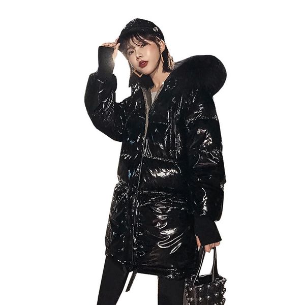 

2019 new big raccoon fur collar hooded long jacket women's winter warm down jackets large size loose glossy outwear coats no945, Black