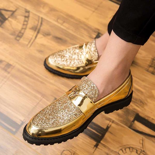 

fashion tide shoes for men bling smooth leather point toe loafers nightclub party casual shoes slip-on footwear 2019, Black