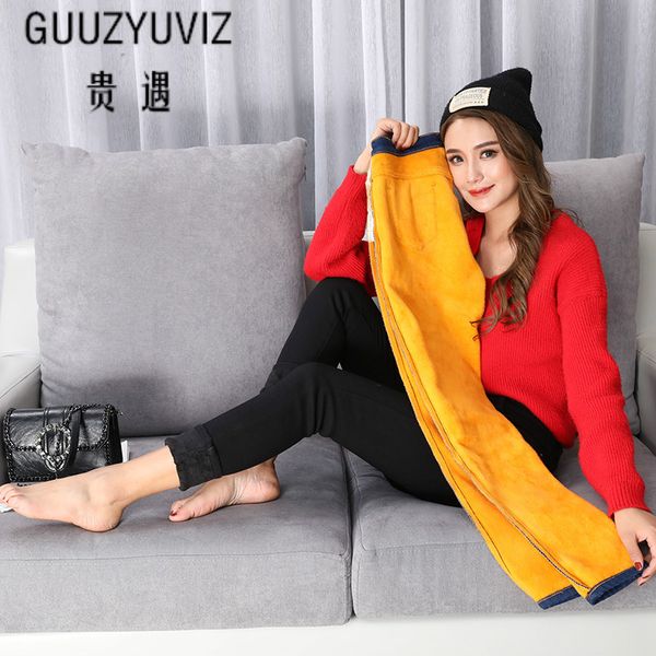 

guuzyuviz high waist jeans mujer casual warm thicken velvet denim pencil pants skinny black blue graty skinny ladies jeans 2018