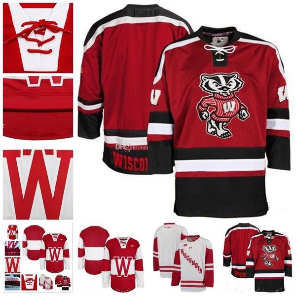 

custom jersey 5xl 6xl ncaa wisconsin badgers college hockey jersey embroidery stitched customize any number and name jerseys, Black;red